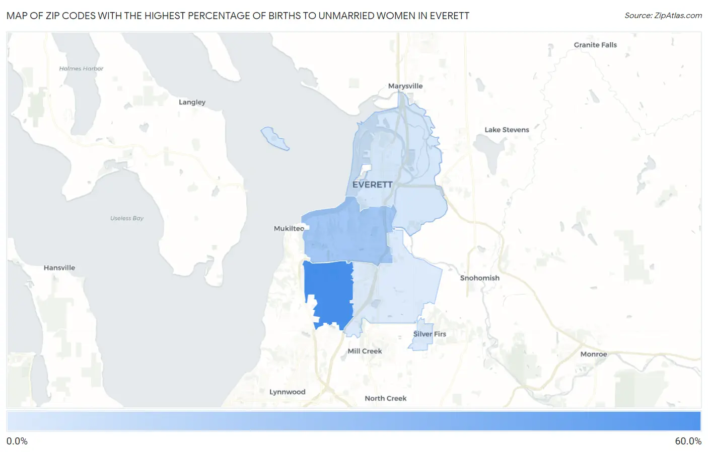 Zip Codes with the Highest Percentage of Births to Unmarried Women in Everett Map