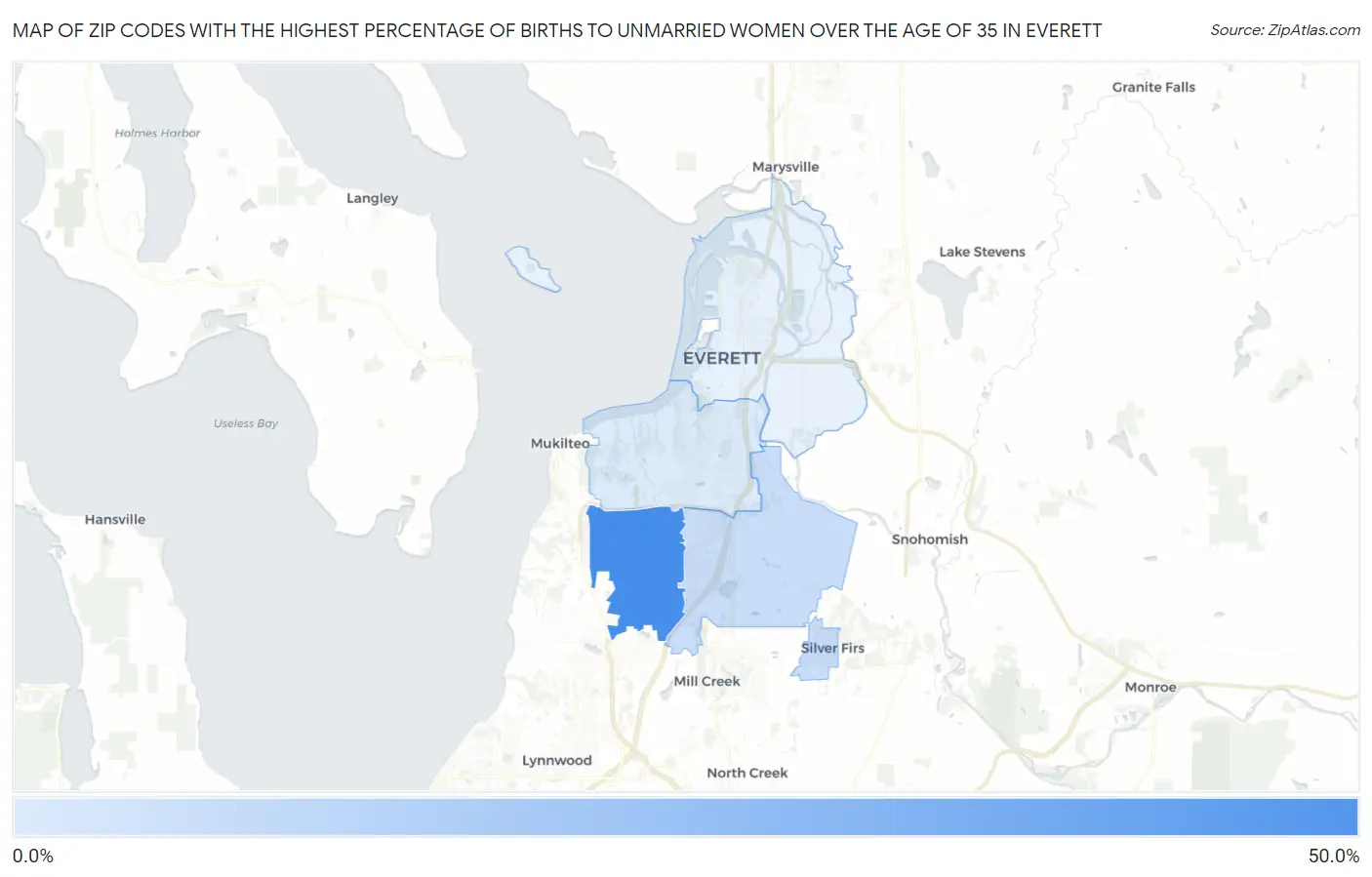 Zip Codes with the Highest Percentage of Births to Unmarried Women over the Age of 35 in Everett Map