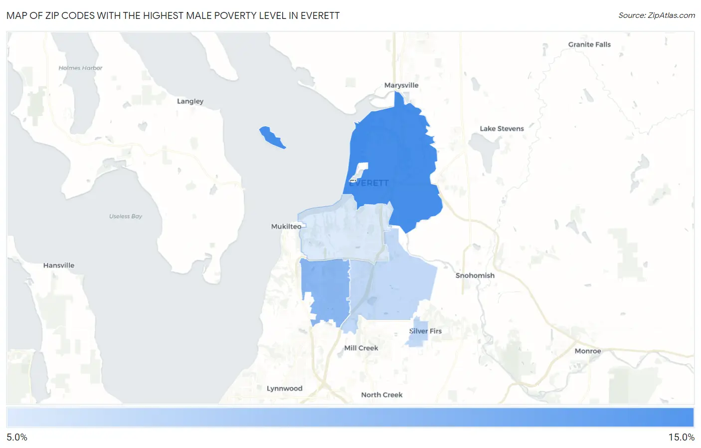 Zip Codes with the Highest Male Poverty Level in Everett Map