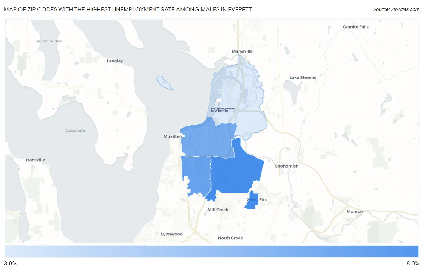 Zip Codes with the Highest Unemployment Rate Among Males in Everett Map