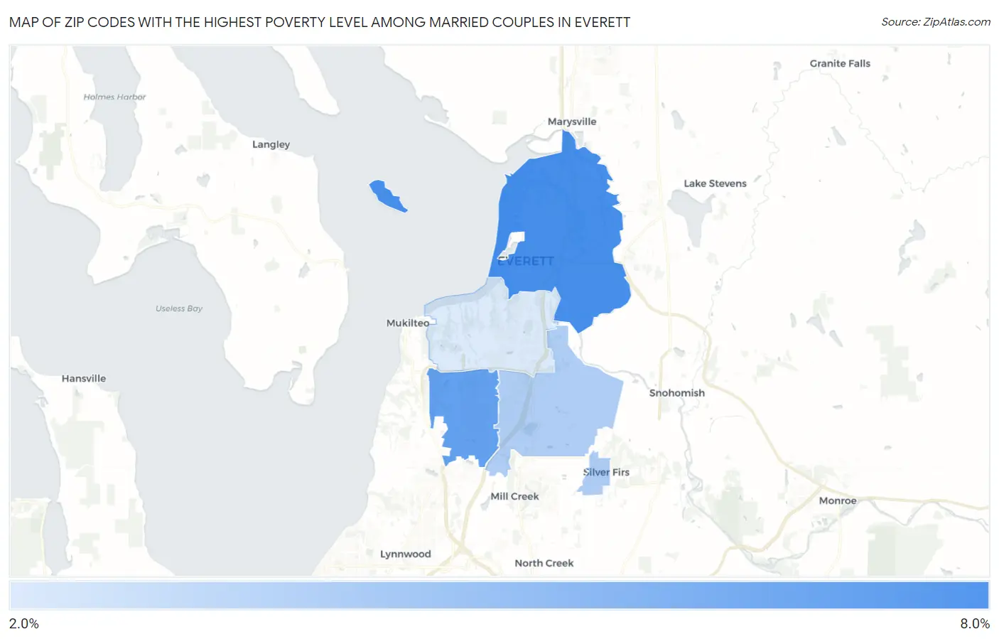 Zip Codes with the Highest Poverty Level Among Married Couples in Everett Map