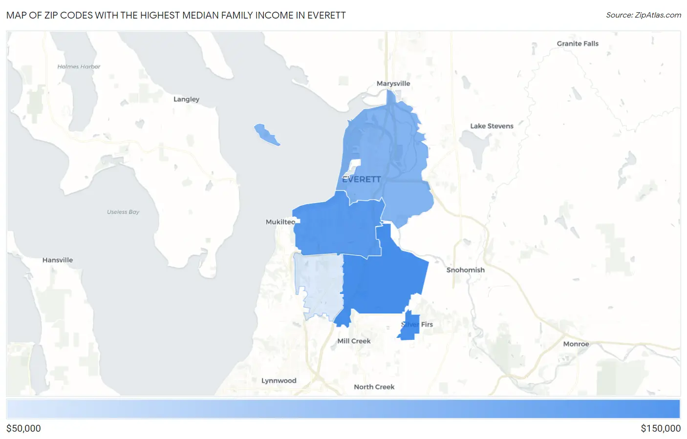 Zip Codes with the Highest Median Family Income in Everett Map