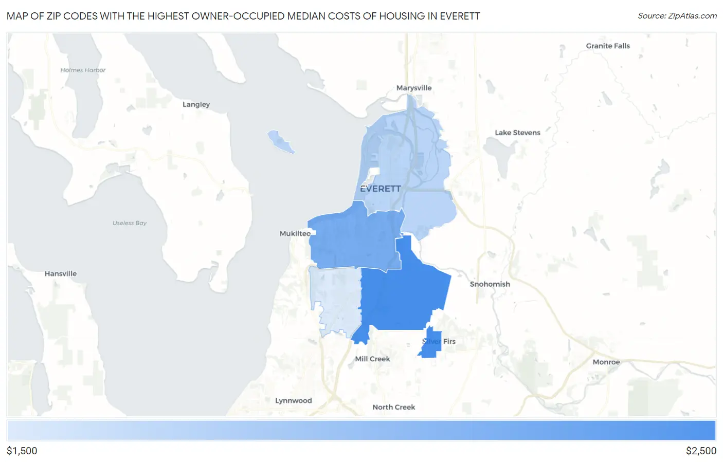 Zip Codes with the Highest Owner-Occupied Median Costs of Housing in Everett Map