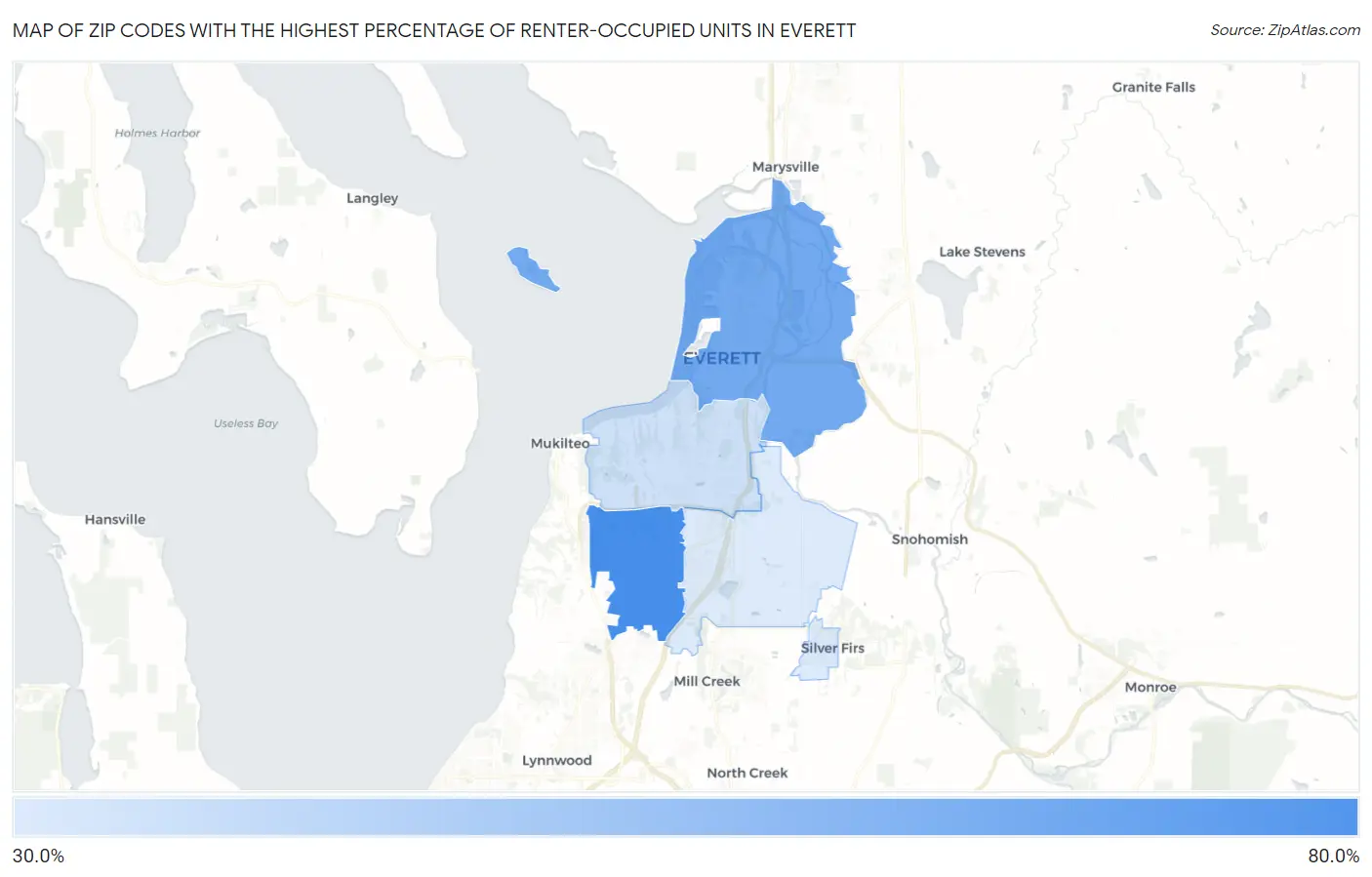 Zip Codes with the Highest Percentage of Renter-Occupied Units in Everett Map