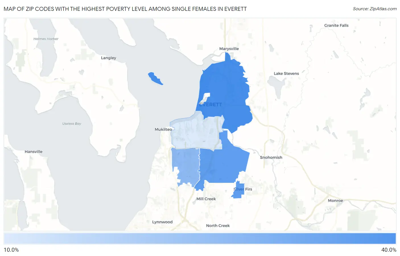 Zip Codes with the Highest Poverty Level Among Single Females in Everett Map