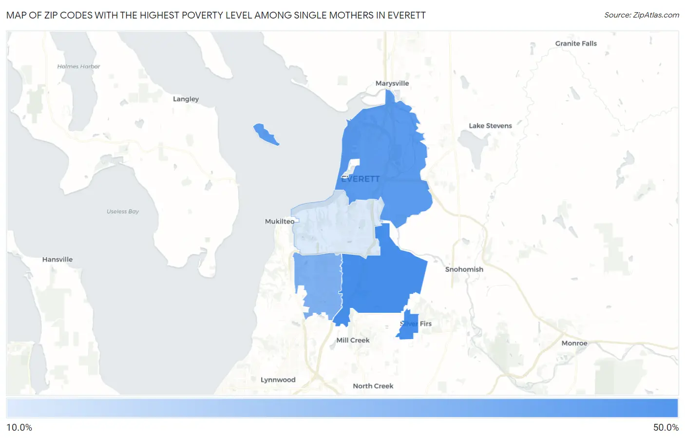 Zip Codes with the Highest Poverty Level Among Single Mothers in Everett Map