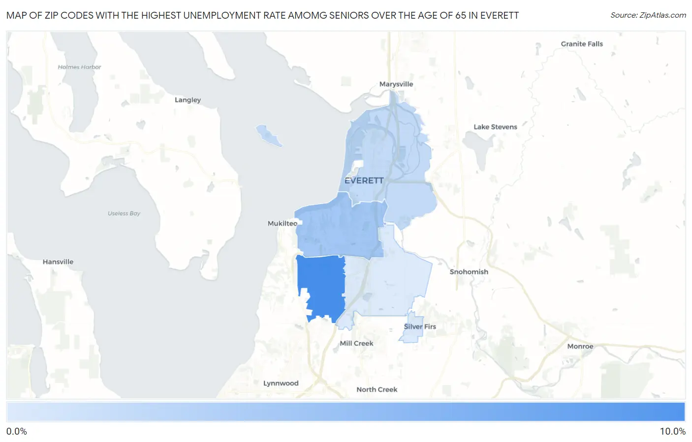 Zip Codes with the Highest Unemployment Rate Amomg Seniors Over the Age of 65 in Everett Map
