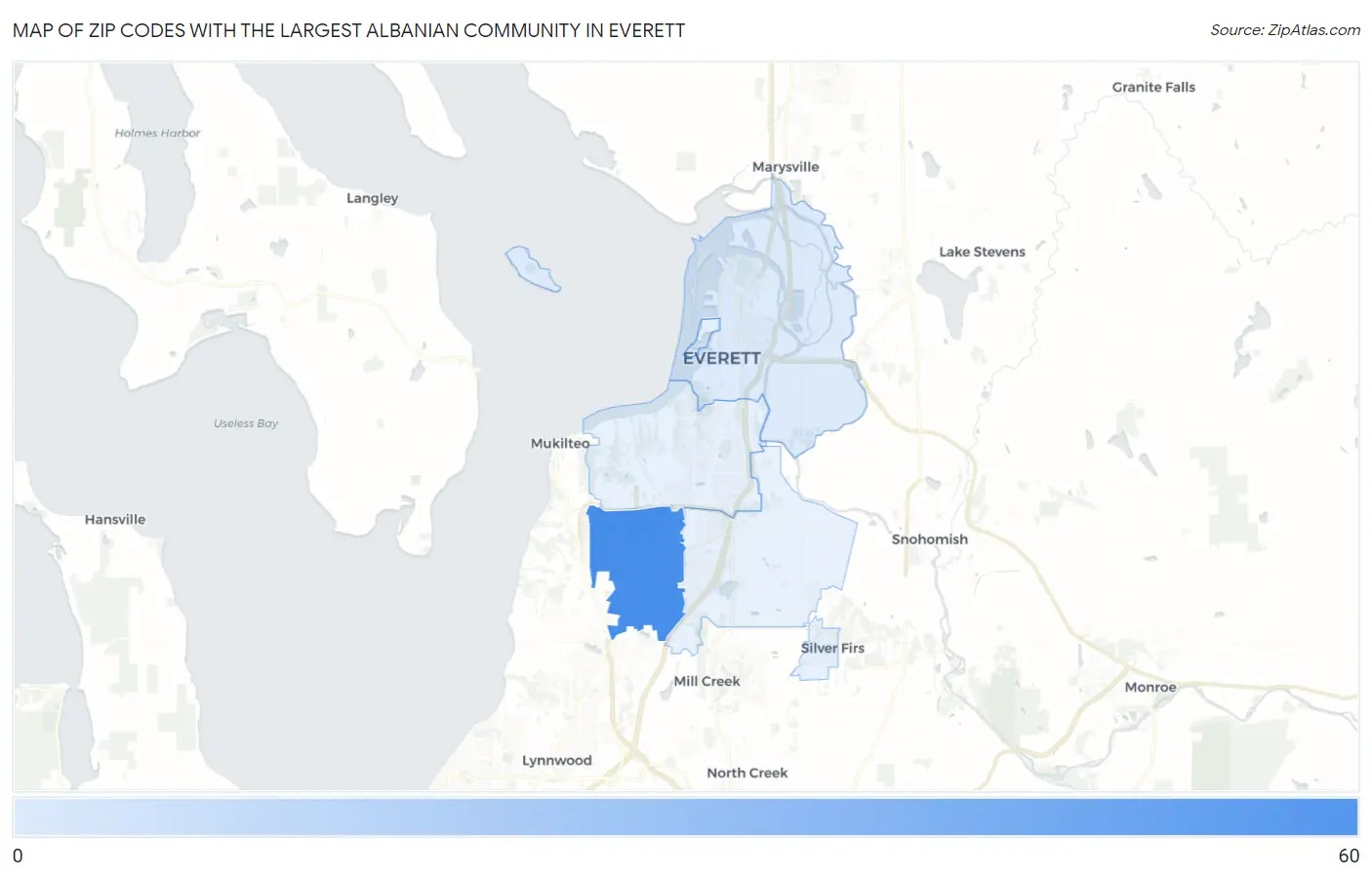 Zip Codes with the Largest Albanian Community in Everett Map