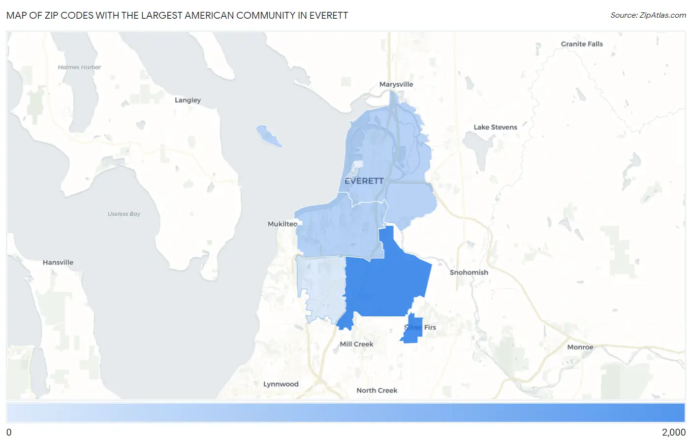 Zip Codes with the Largest American Community in Everett Map