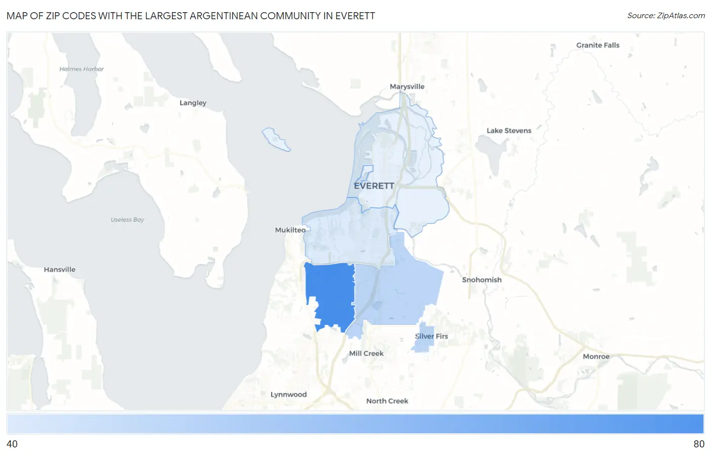 Zip Codes with the Largest Argentinean Community in Everett Map