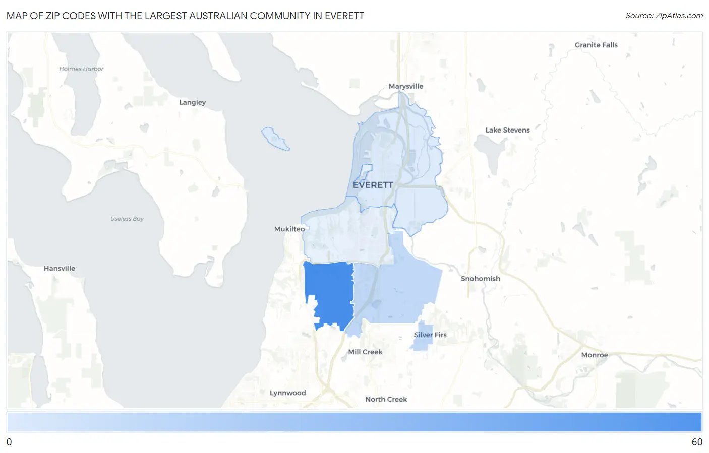 Zip Codes with the Largest Australian Community in Everett Map