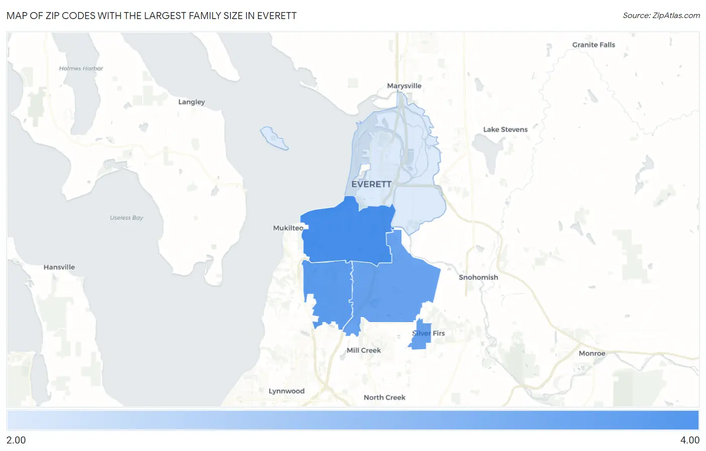 Zip Codes with the Largest Family Size in Everett Map