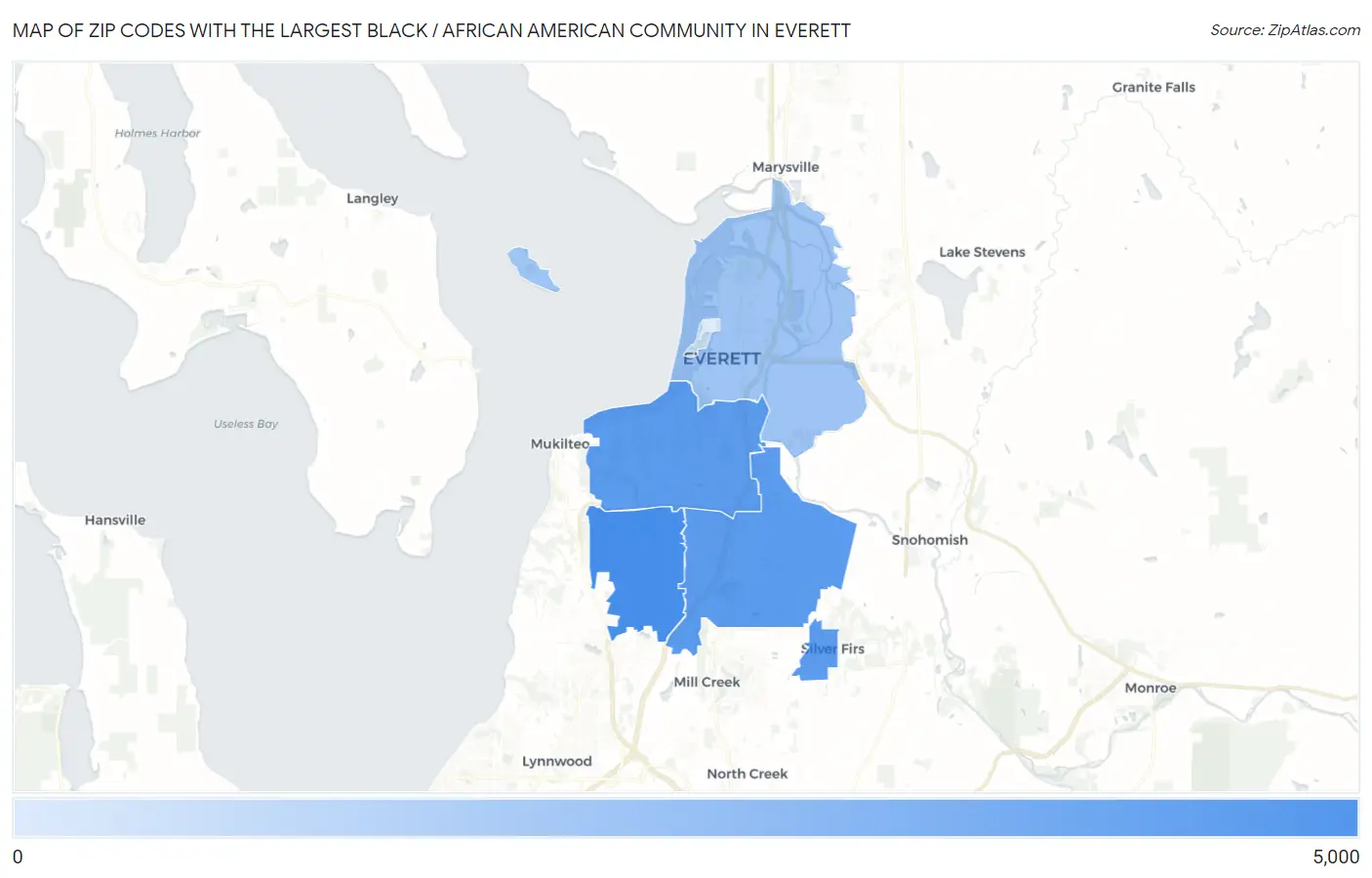 Zip Codes with the Largest Black / African American Community in Everett Map