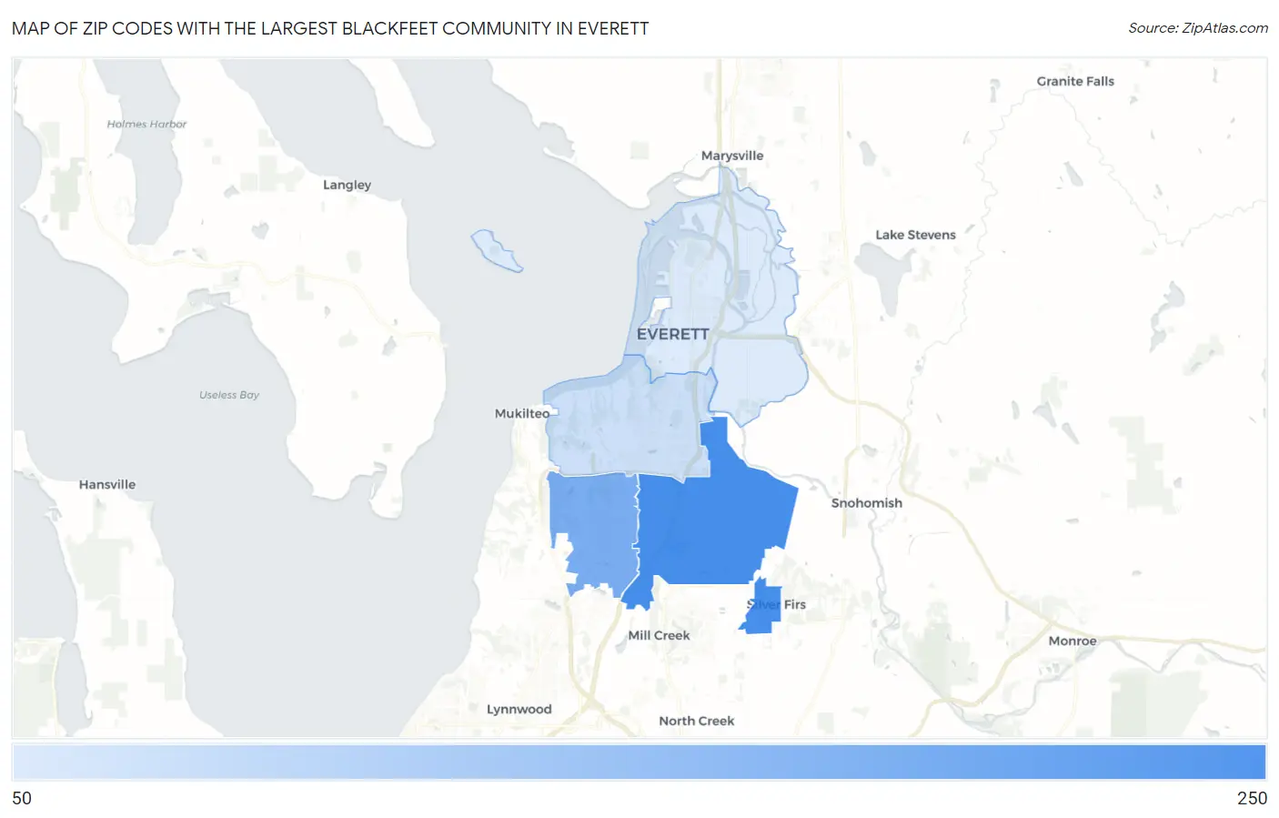 Zip Codes with the Largest Blackfeet Community in Everett Map