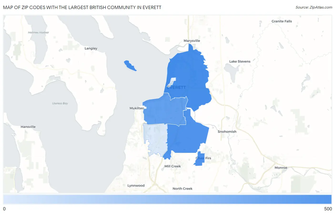 Zip Codes with the Largest British Community in Everett Map