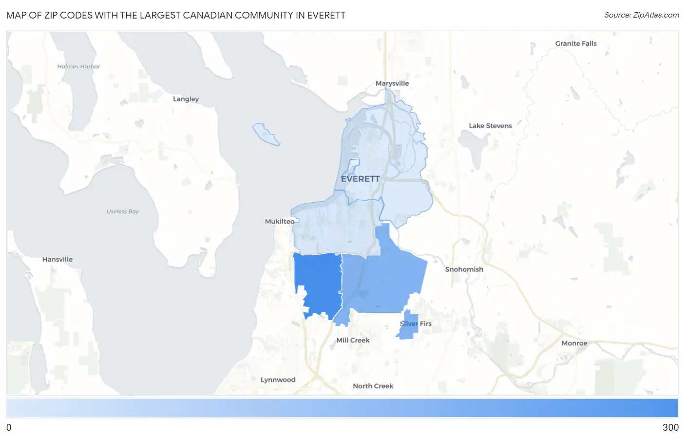 Zip Codes with the Largest Canadian Community in Everett Map