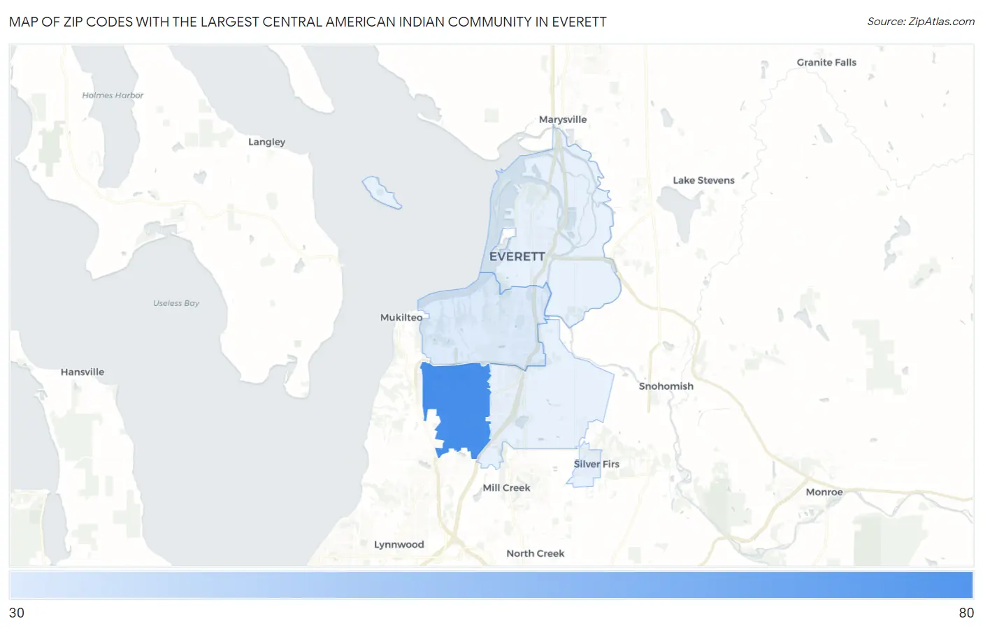Zip Codes with the Largest Central American Indian Community in Everett Map