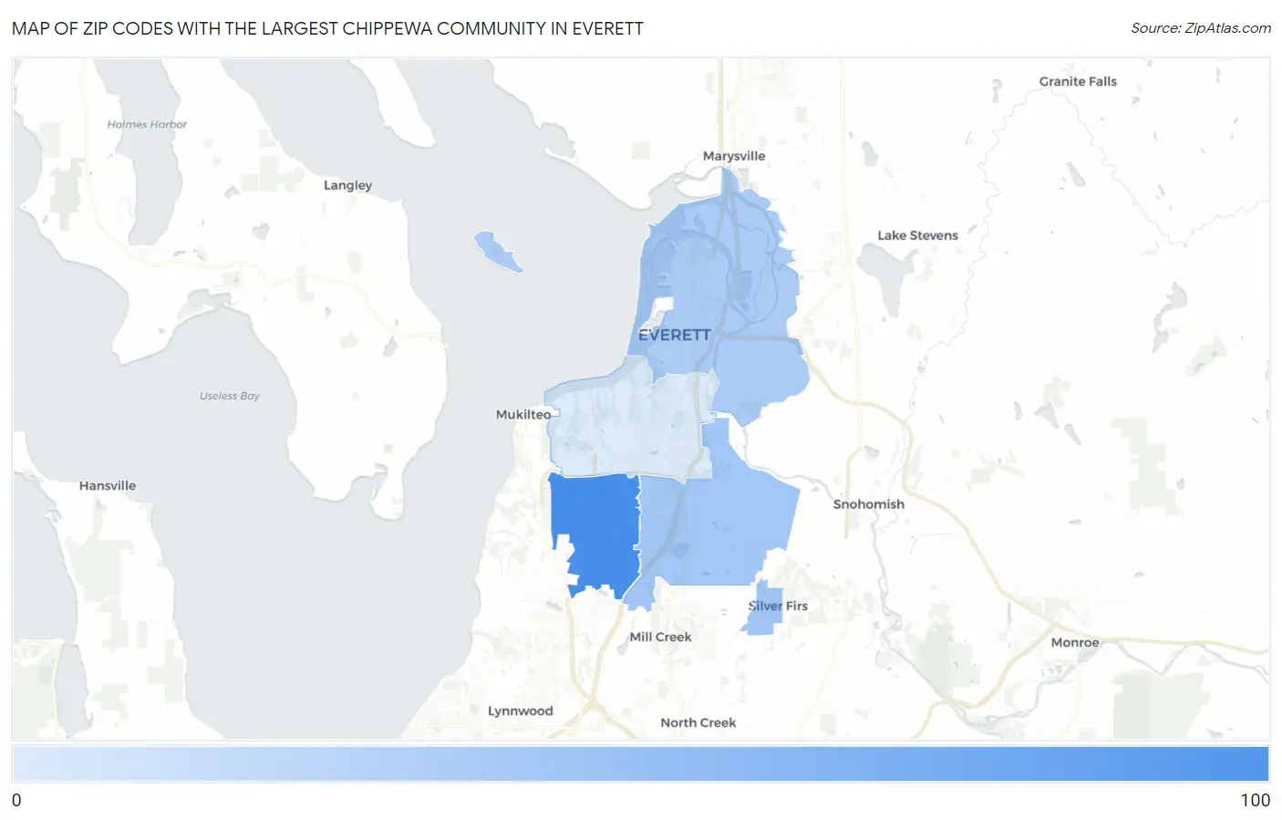 Zip Codes with the Largest Chippewa Community in Everett Map