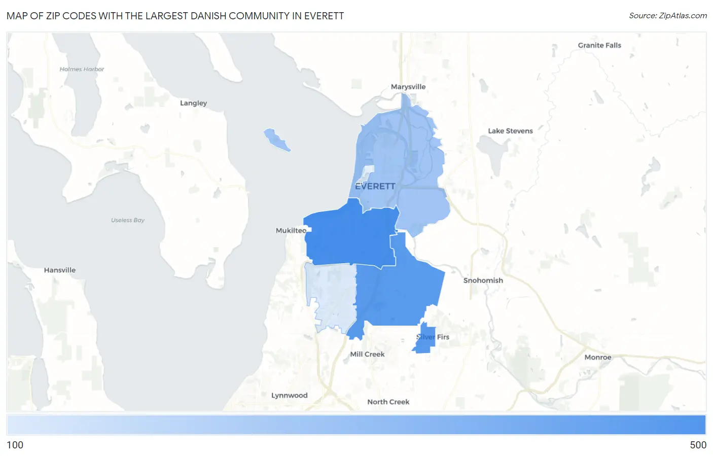 Zip Codes with the Largest Danish Community in Everett Map