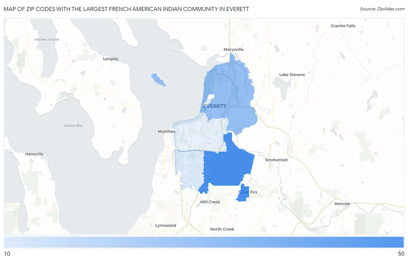 Zip Codes with the Largest French American Indian Community in Everett Map