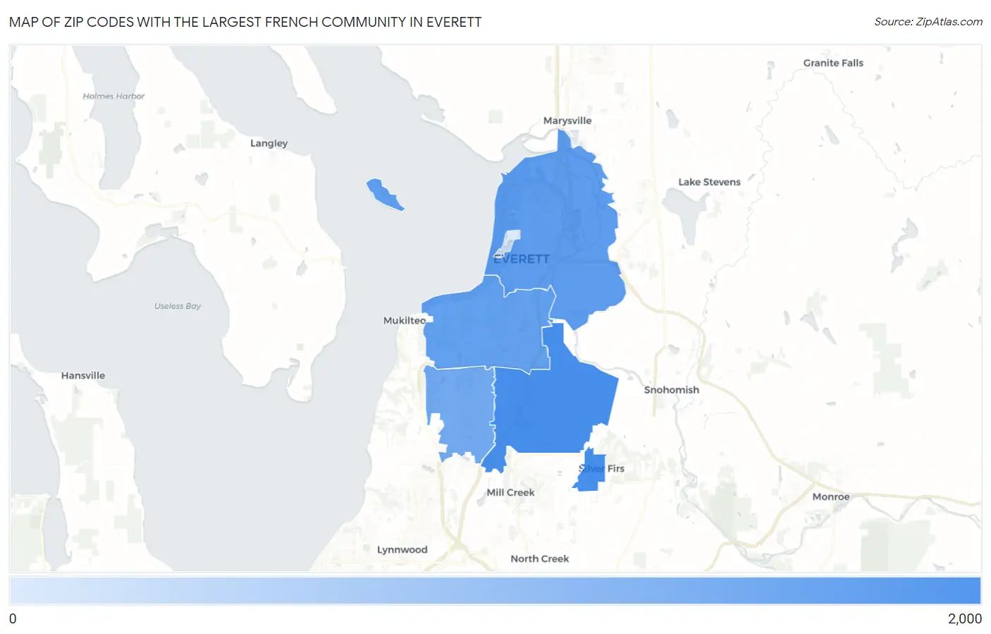 Zip Codes with the Largest French Community in Everett Map