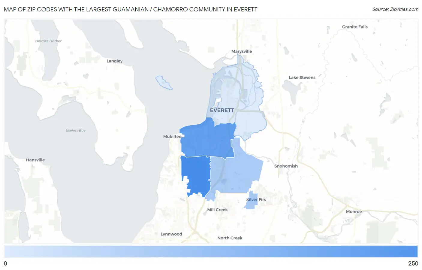 Zip Codes with the Largest Guamanian / Chamorro Community in Everett Map