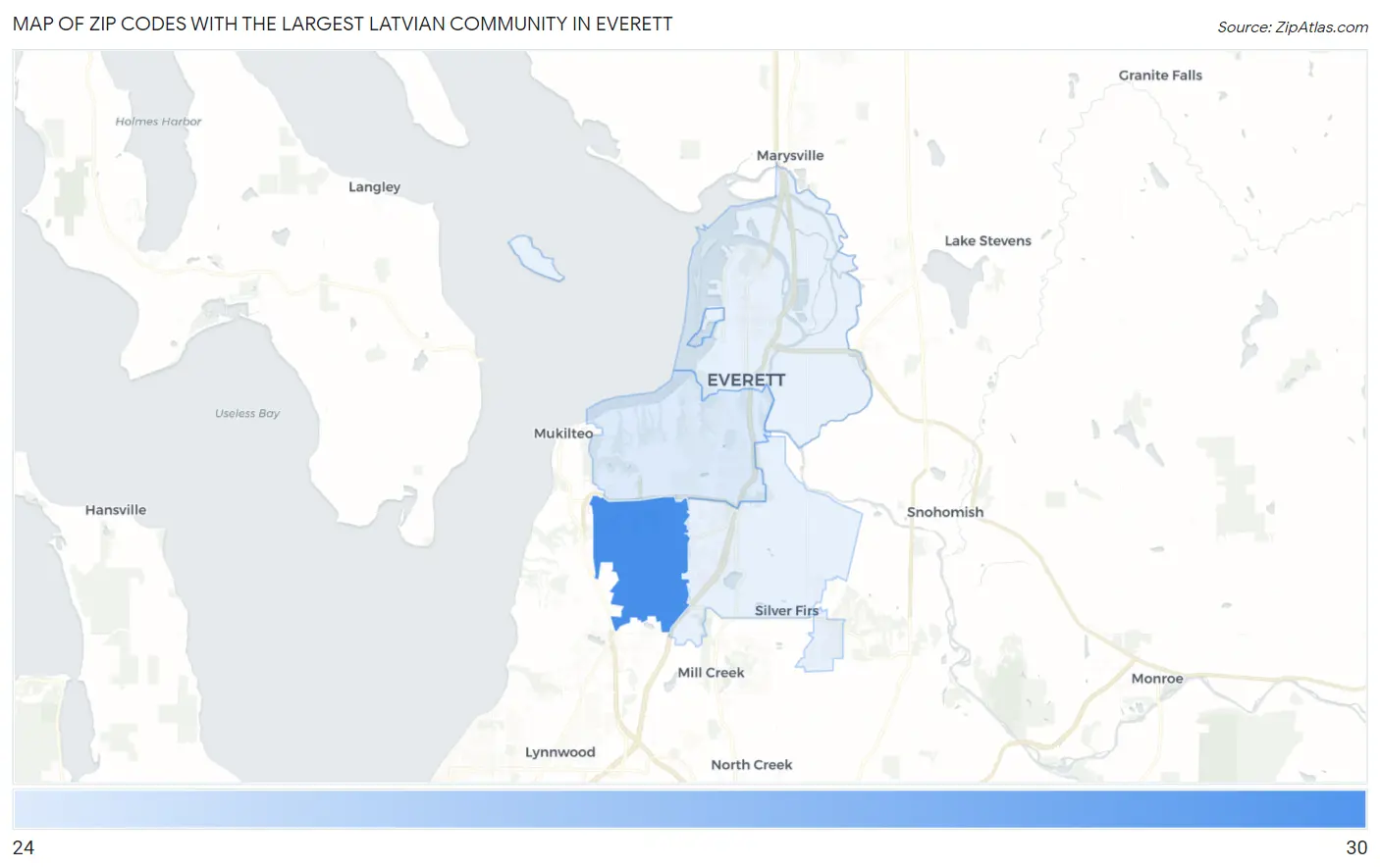Zip Codes with the Largest Latvian Community in Everett Map