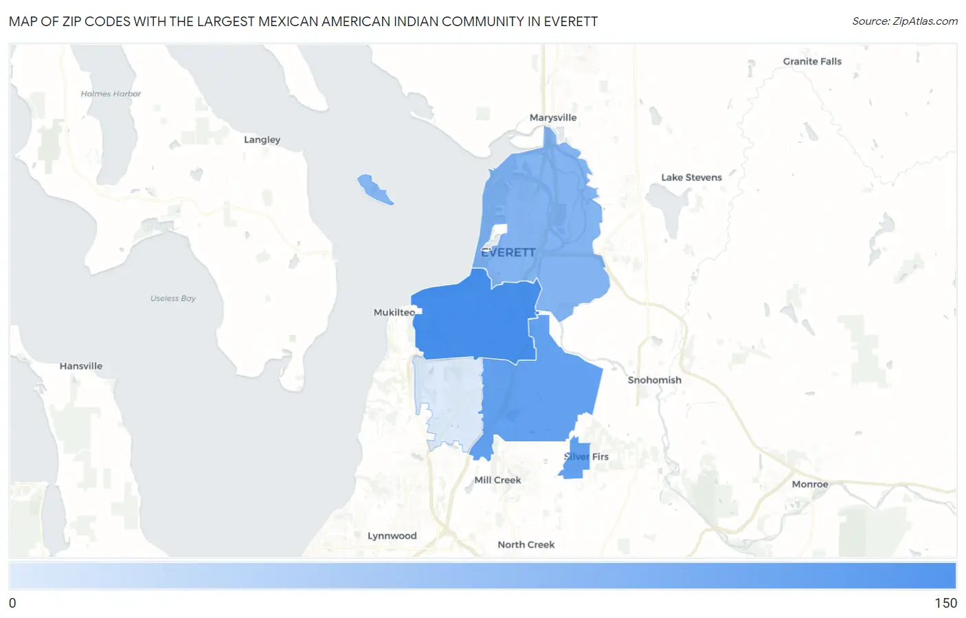 Zip Codes with the Largest Mexican American Indian Community in Everett Map