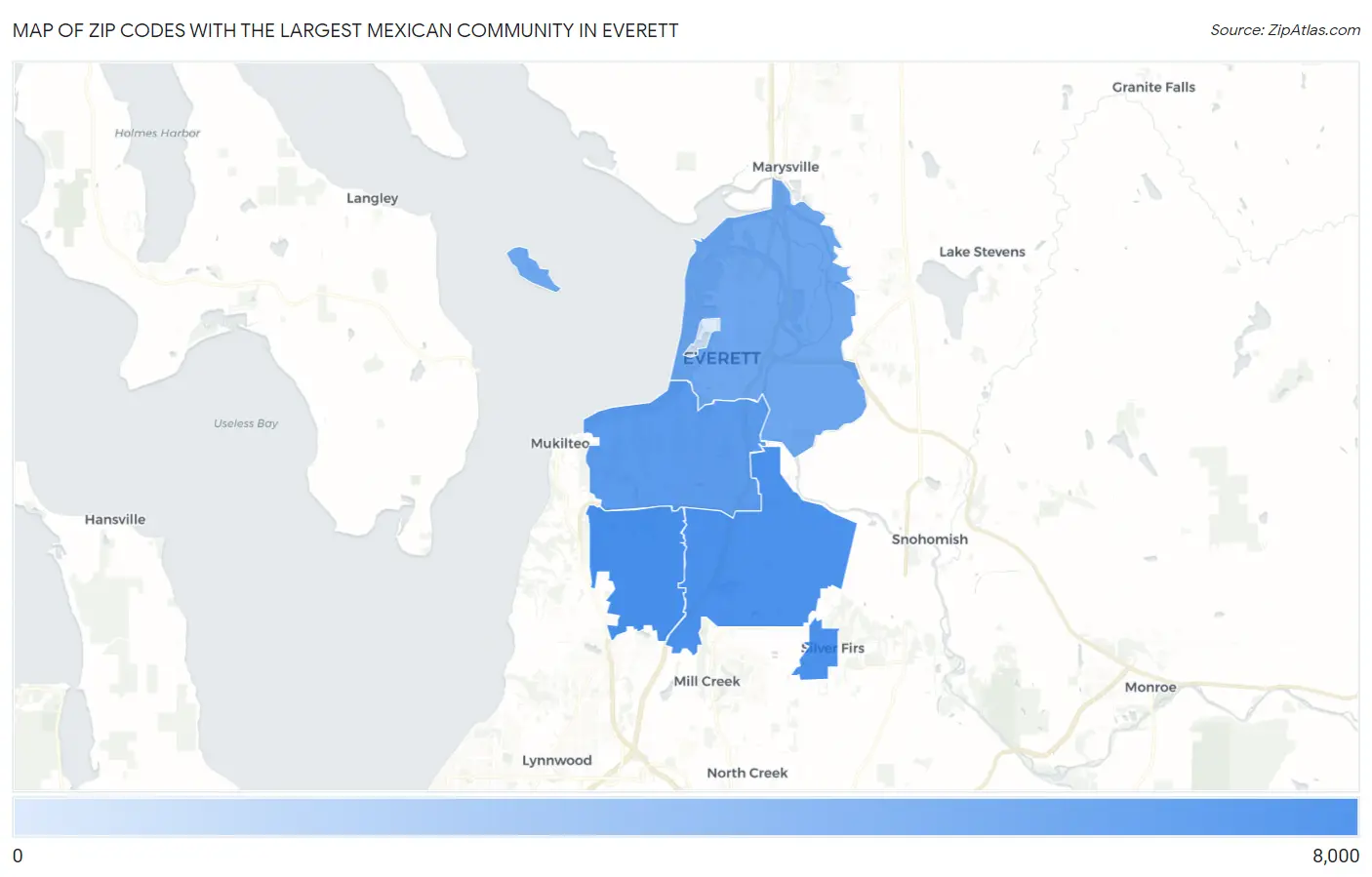 Zip Codes with the Largest Mexican Community in Everett Map
