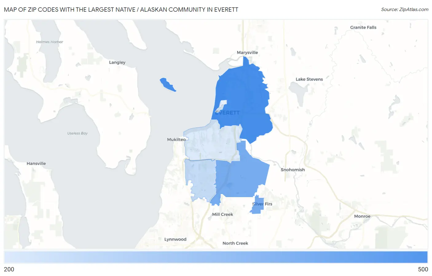 Zip Codes with the Largest Native / Alaskan Community in Everett Map