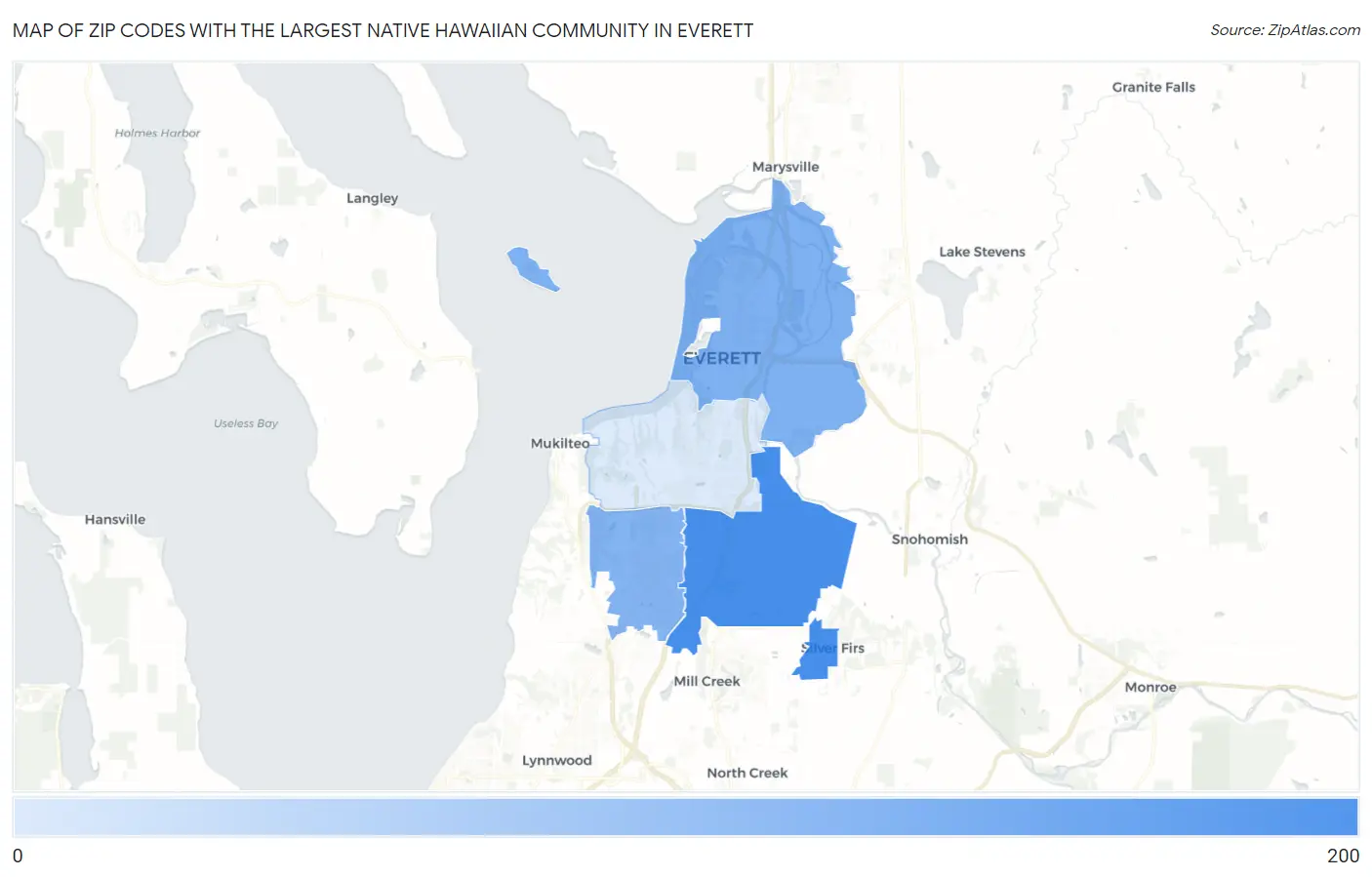 Zip Codes with the Largest Native Hawaiian Community in Everett Map