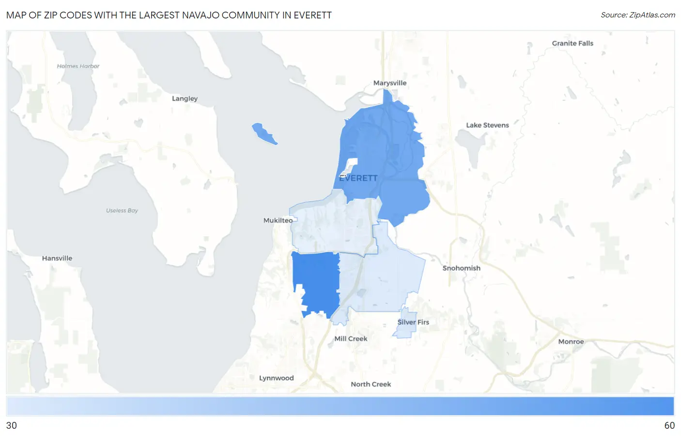 Zip Codes with the Largest Navajo Community in Everett Map
