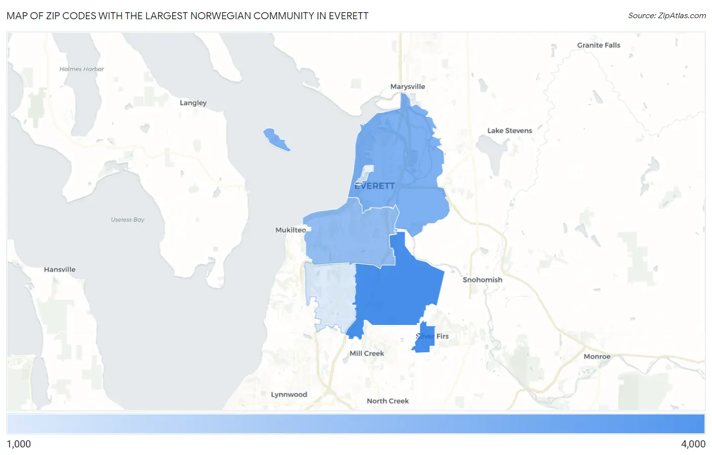 Zip Codes with the Largest Norwegian Community in Everett Map