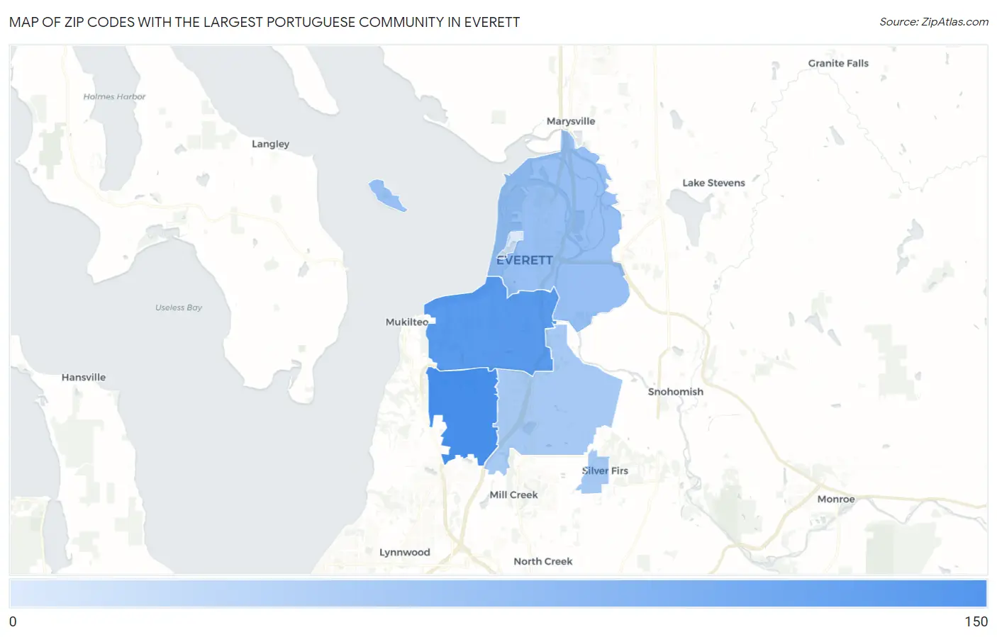 Zip Codes with the Largest Portuguese Community in Everett Map