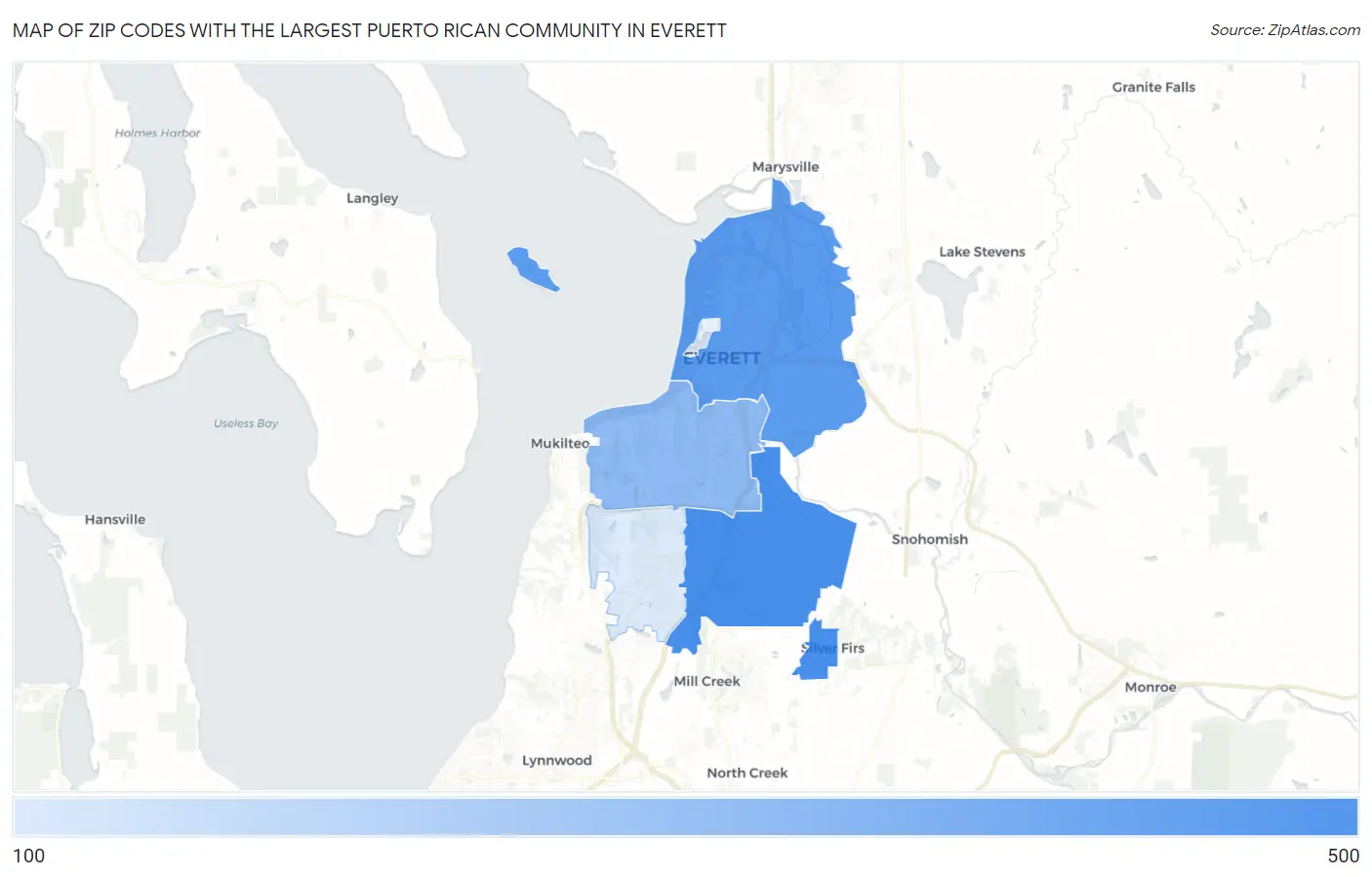 Zip Codes with the Largest Puerto Rican Community in Everett Map