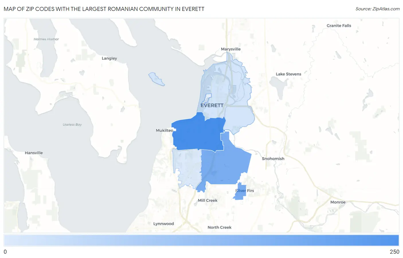 Zip Codes with the Largest Romanian Community in Everett Map