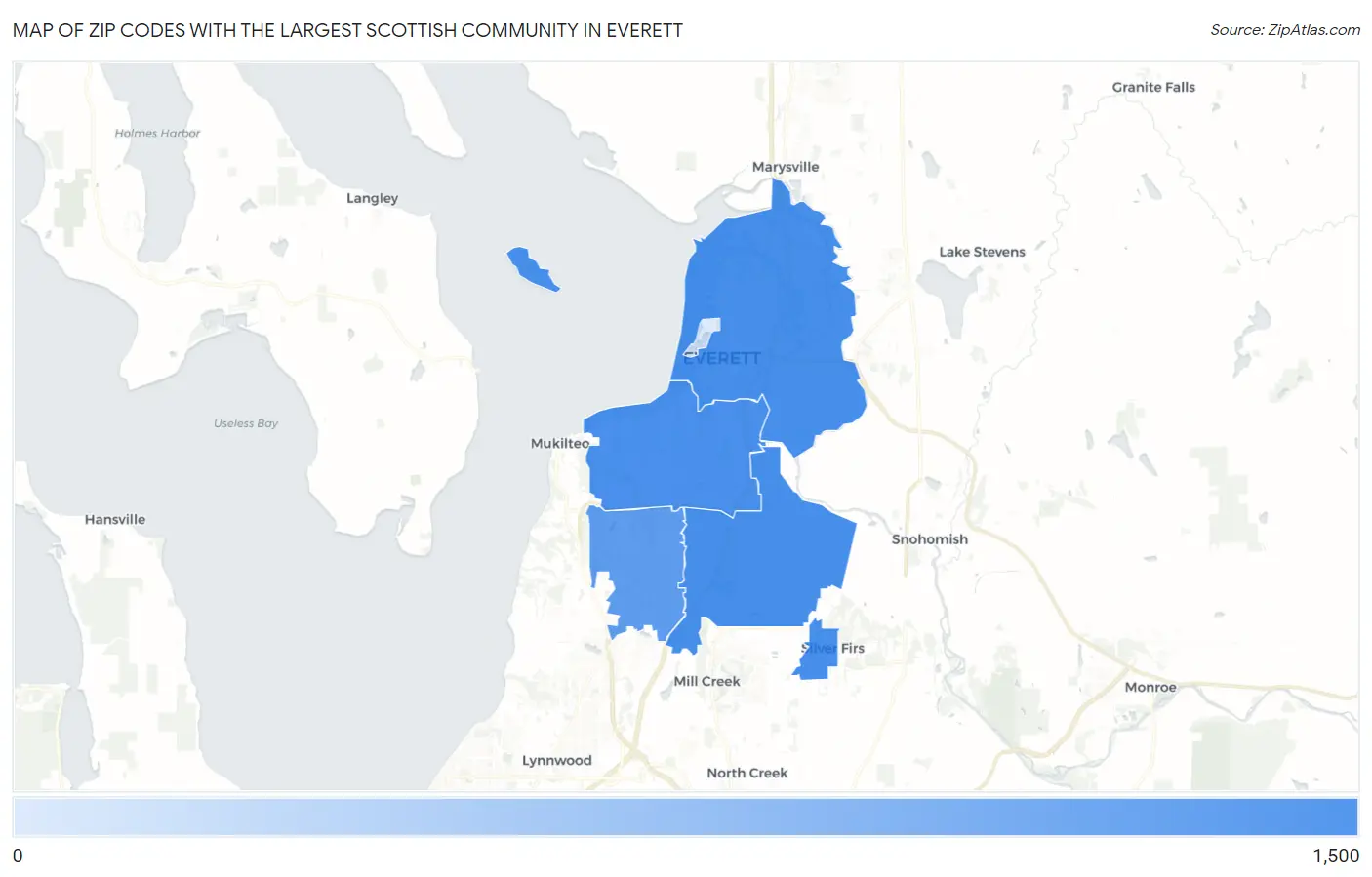 Zip Codes with the Largest Scottish Community in Everett Map