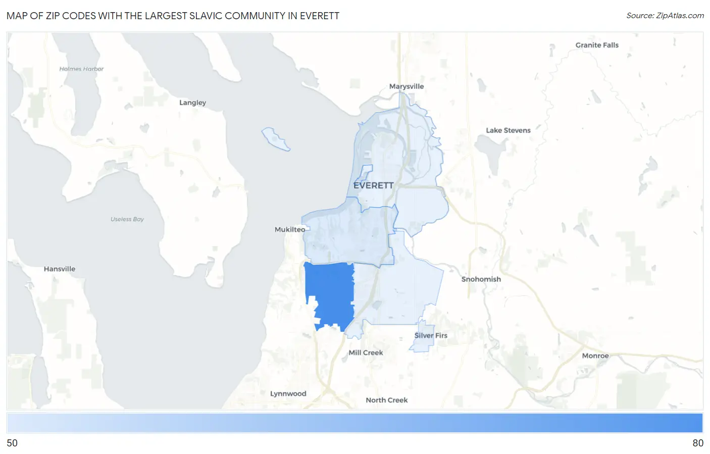 Zip Codes with the Largest Slavic Community in Everett Map