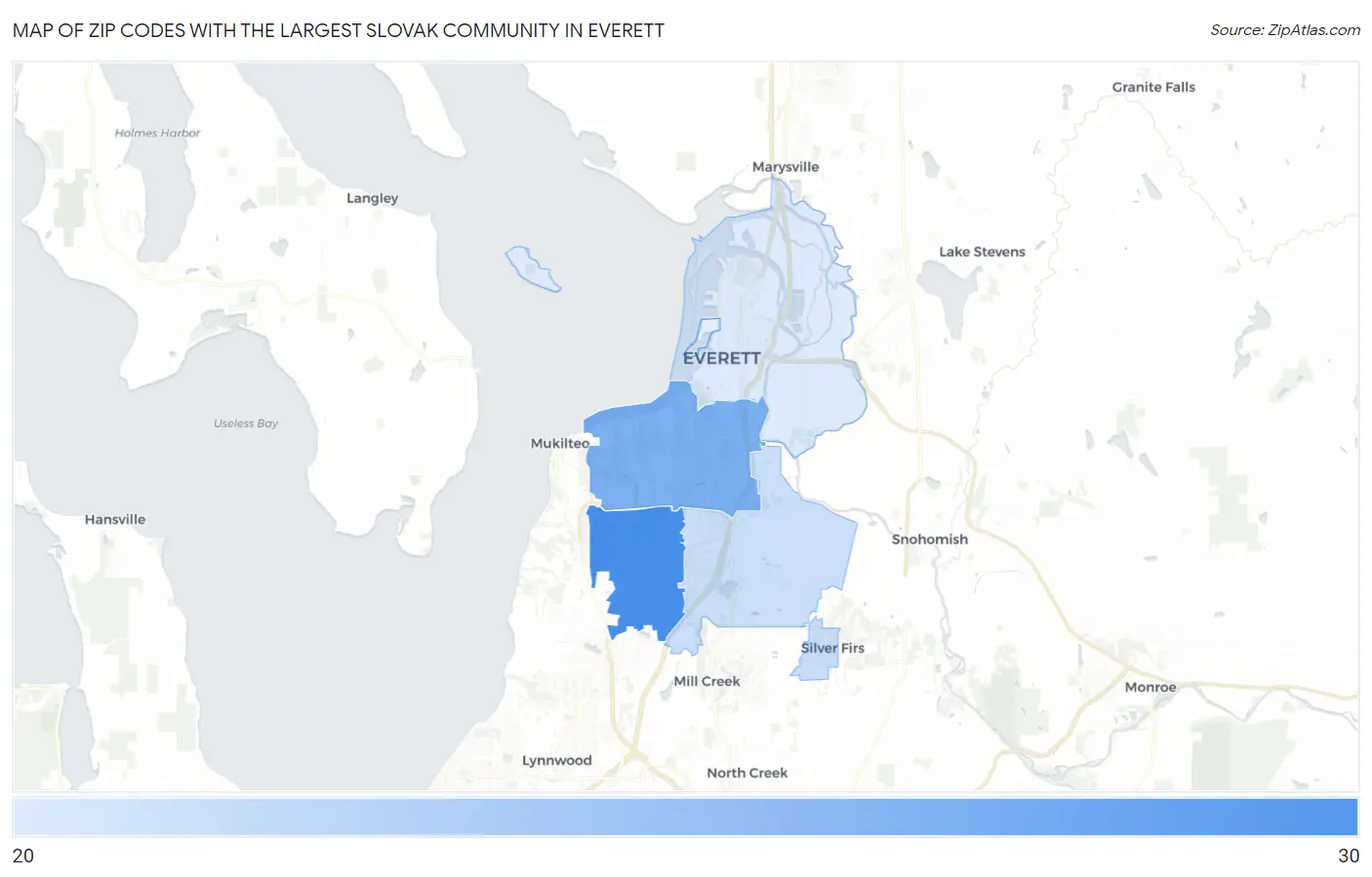 Zip Codes with the Largest Slovak Community in Everett Map