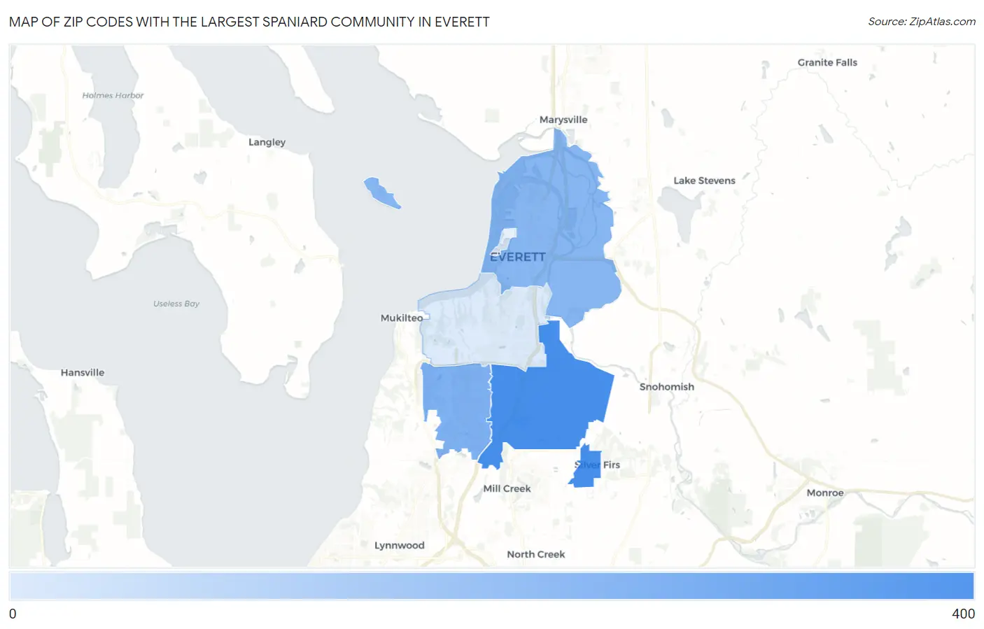 Zip Codes with the Largest Spaniard Community in Everett Map