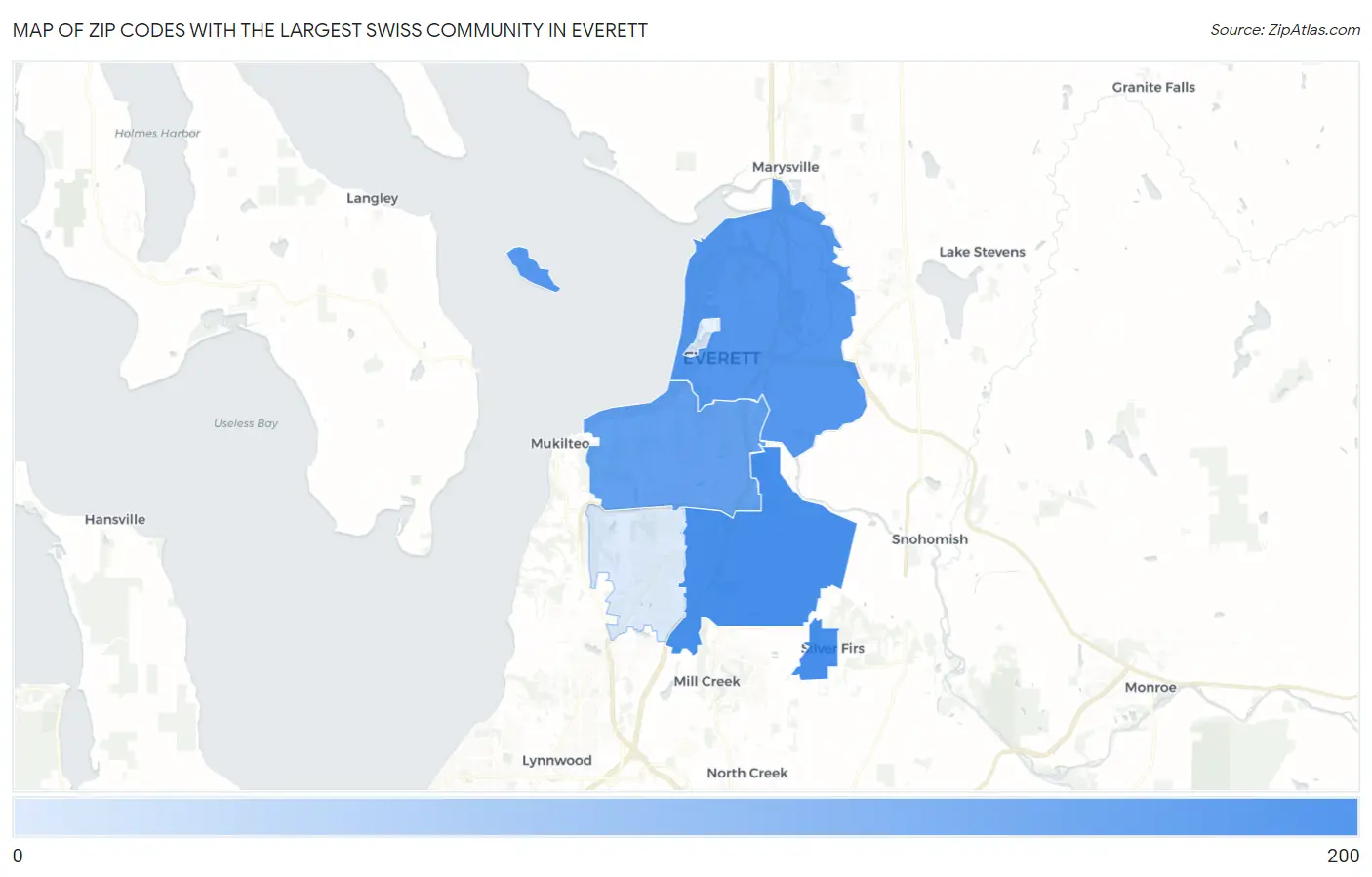 Zip Codes with the Largest Swiss Community in Everett Map