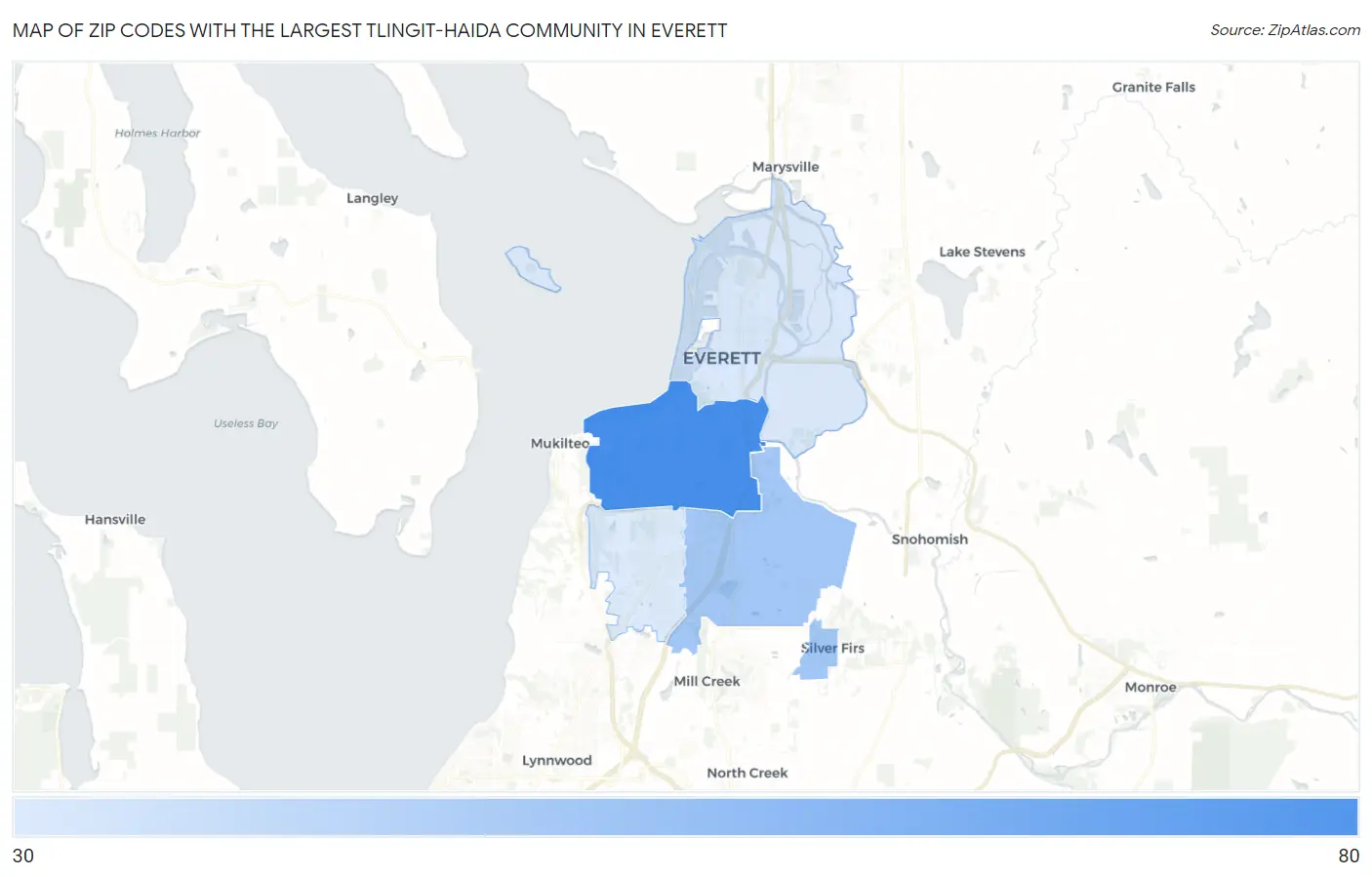 Zip Codes with the Largest Tlingit-Haida Community in Everett Map