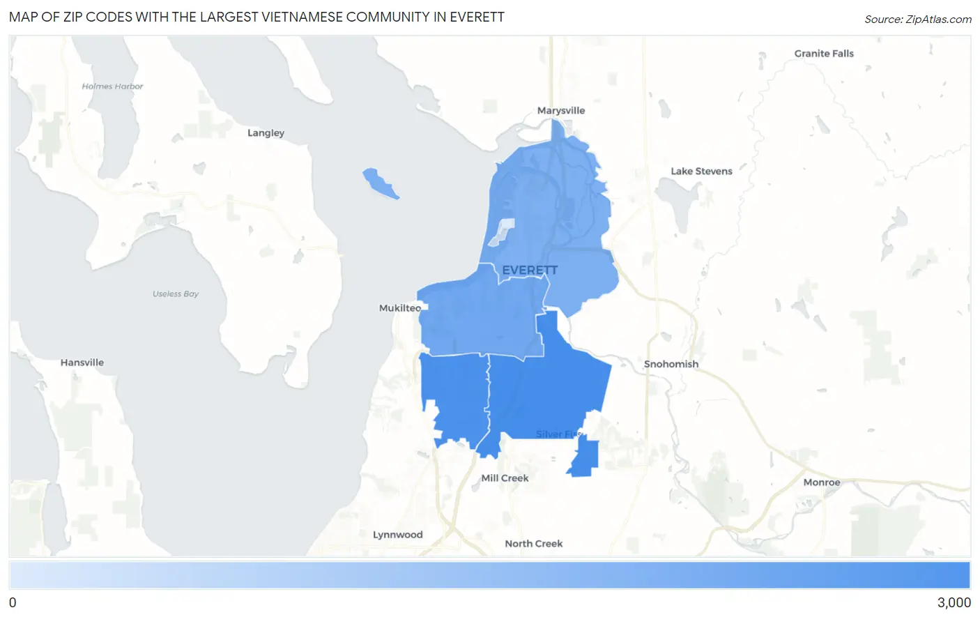 Zip Codes with the Largest Vietnamese Community in Everett Map