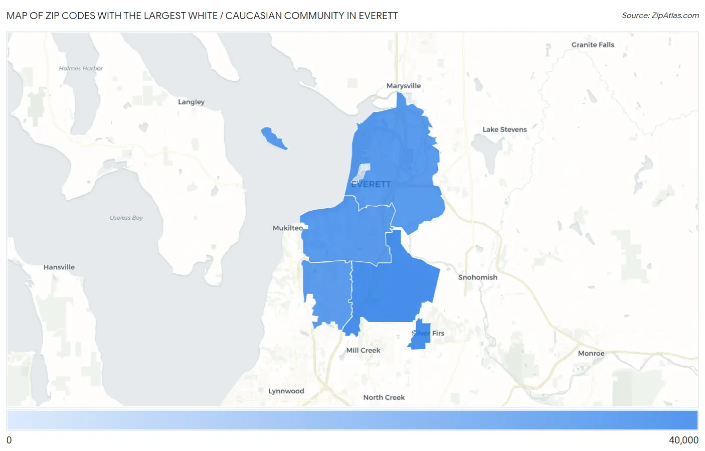 Zip Codes with the Largest White / Caucasian Community in Everett Map