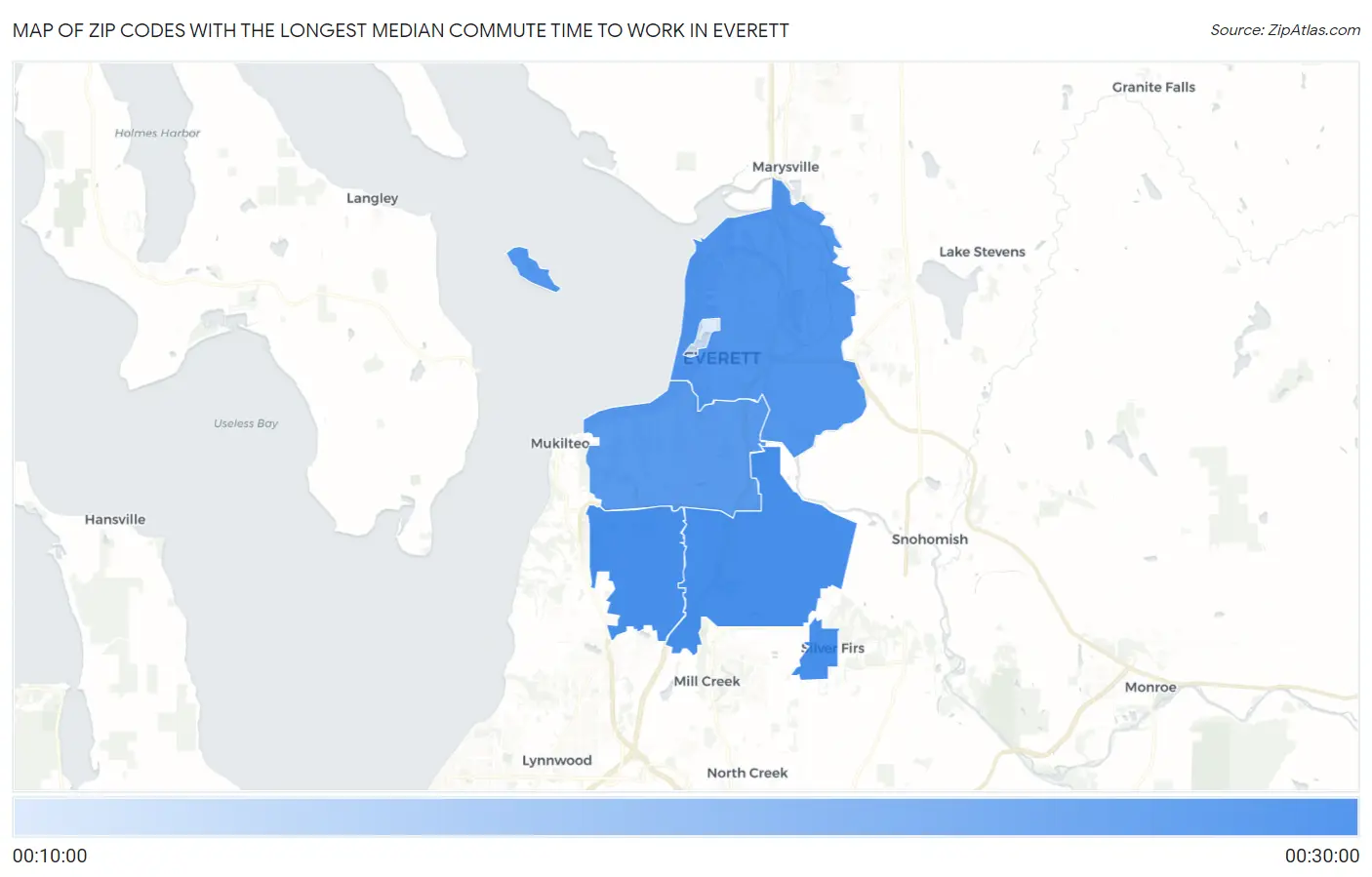 Zip Codes with the Longest Median Commute Time to Work in Everett Map
