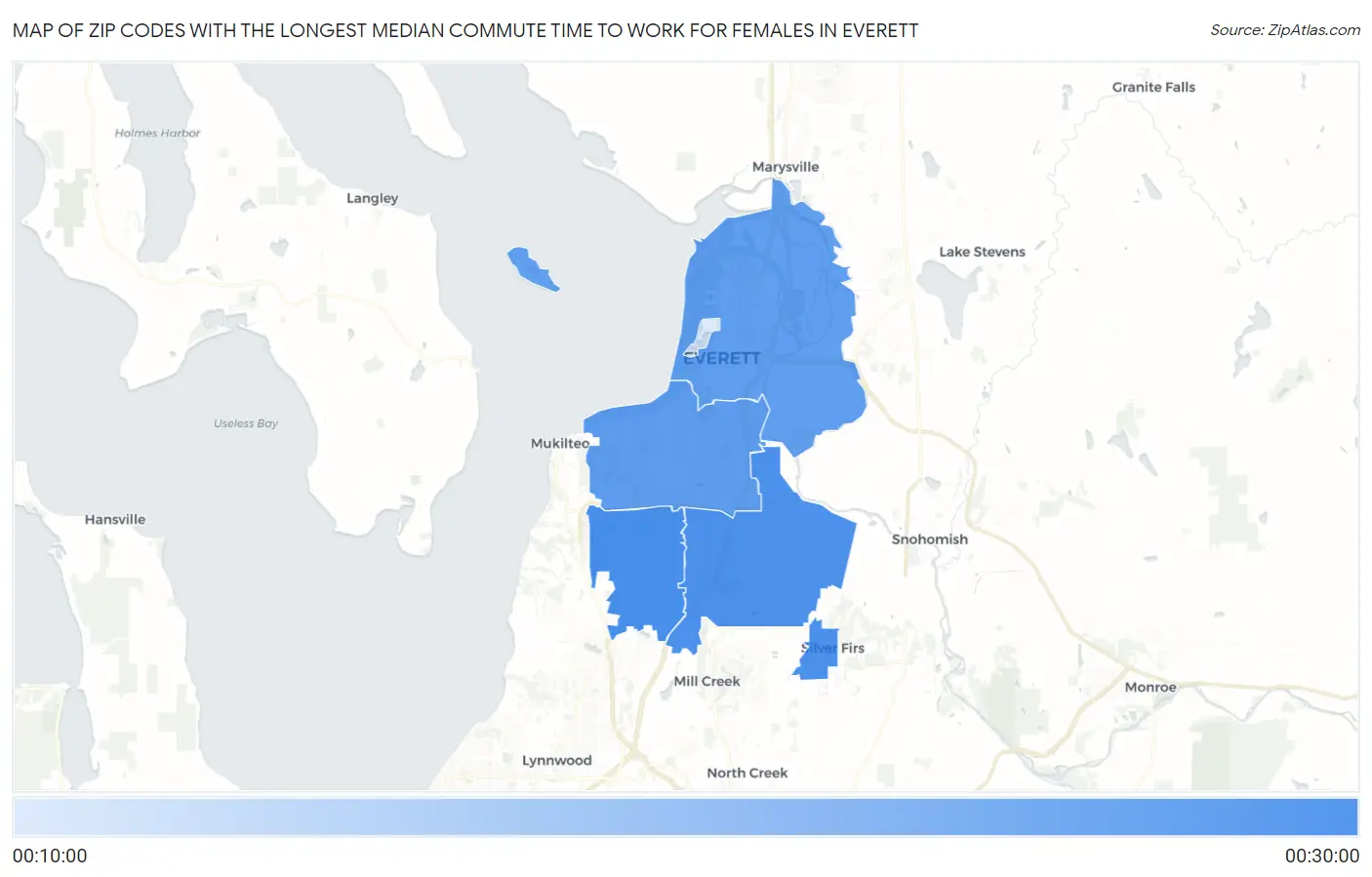 Zip Codes with the Longest Median Commute Time to Work for Females in Everett Map