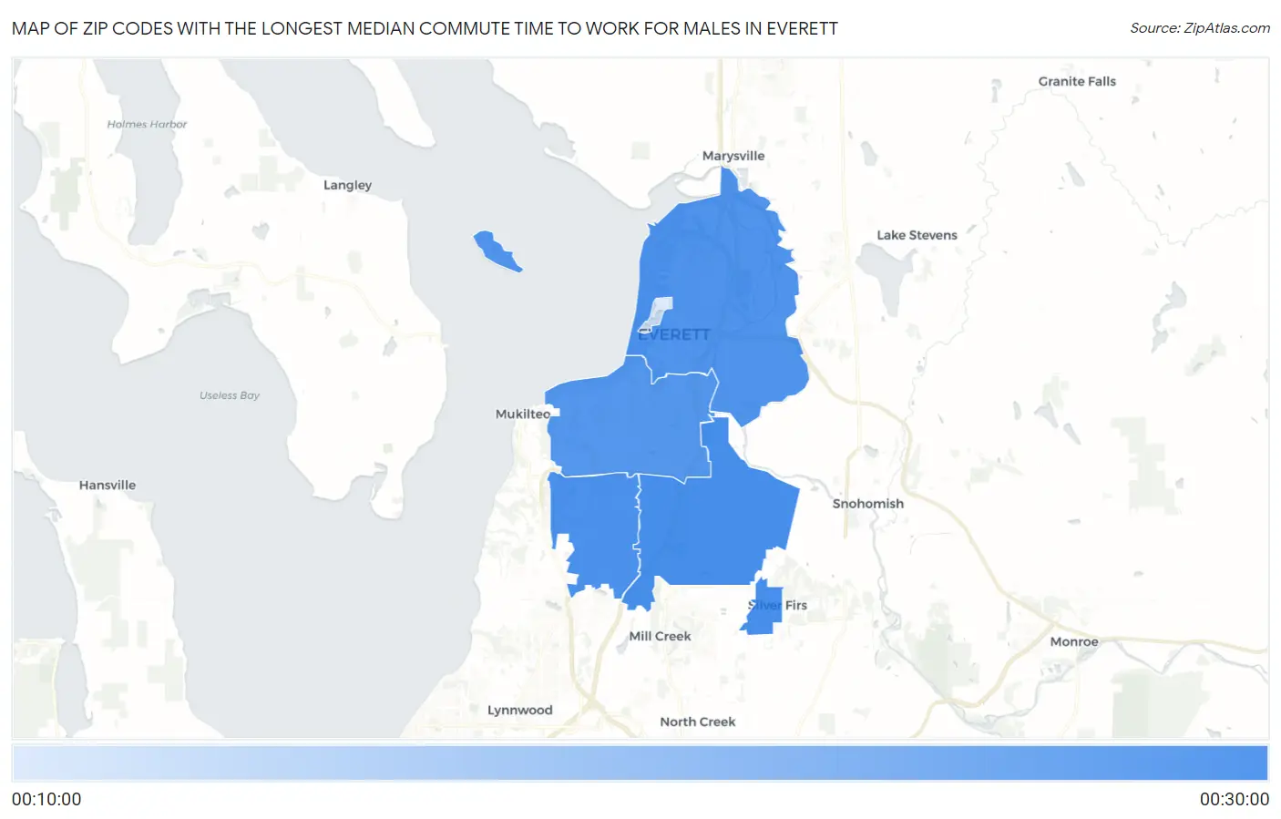 Zip Codes with the Longest Median Commute Time to Work for Males in Everett Map