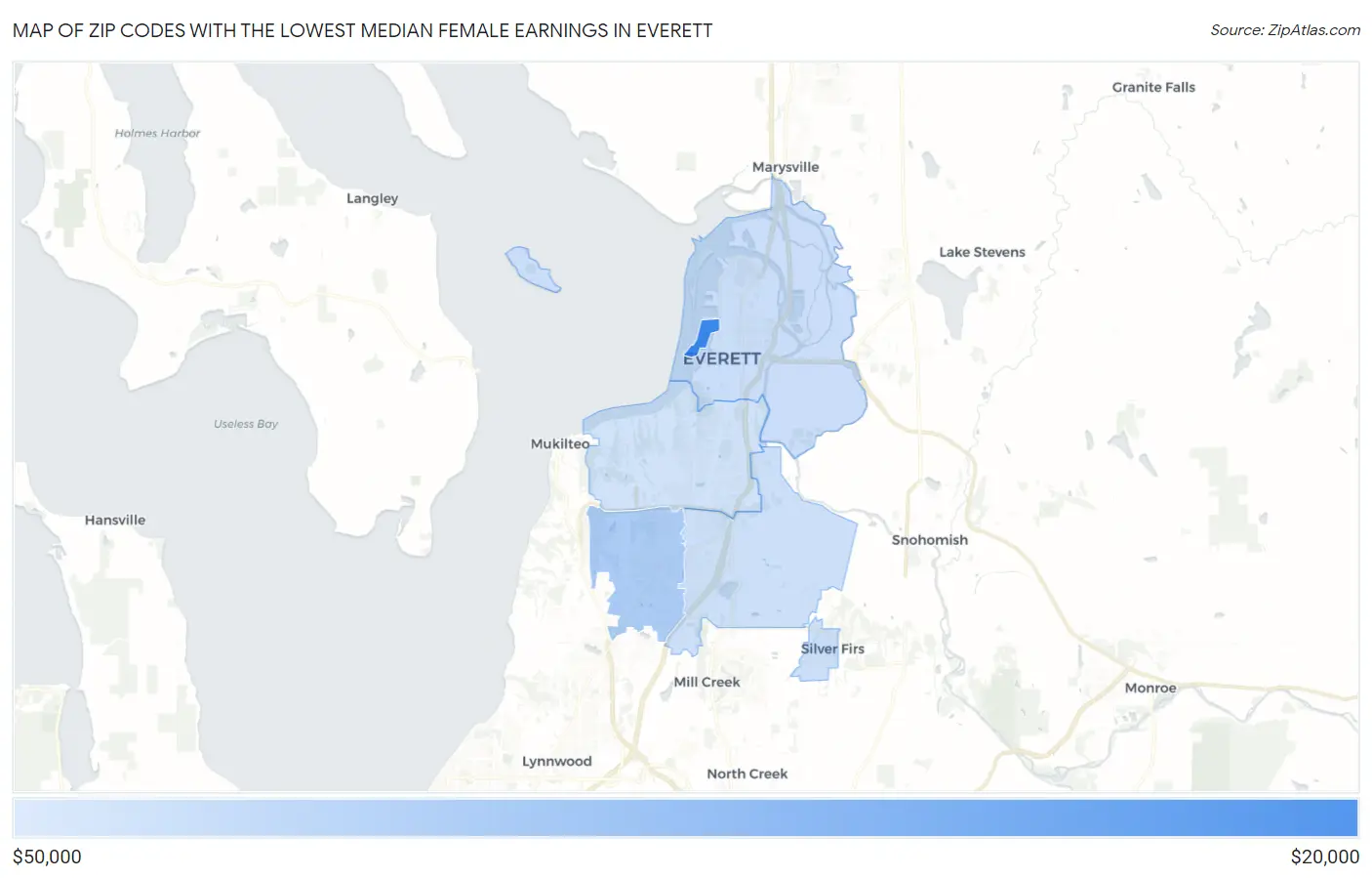 Zip Codes with the Lowest Median Female Earnings in Everett Map