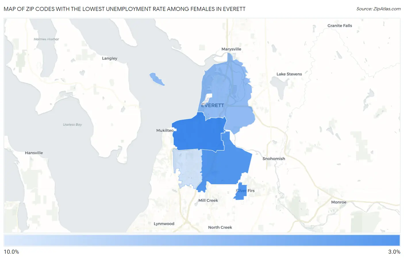 Zip Codes with the Lowest Unemployment Rate Among Females in Everett Map