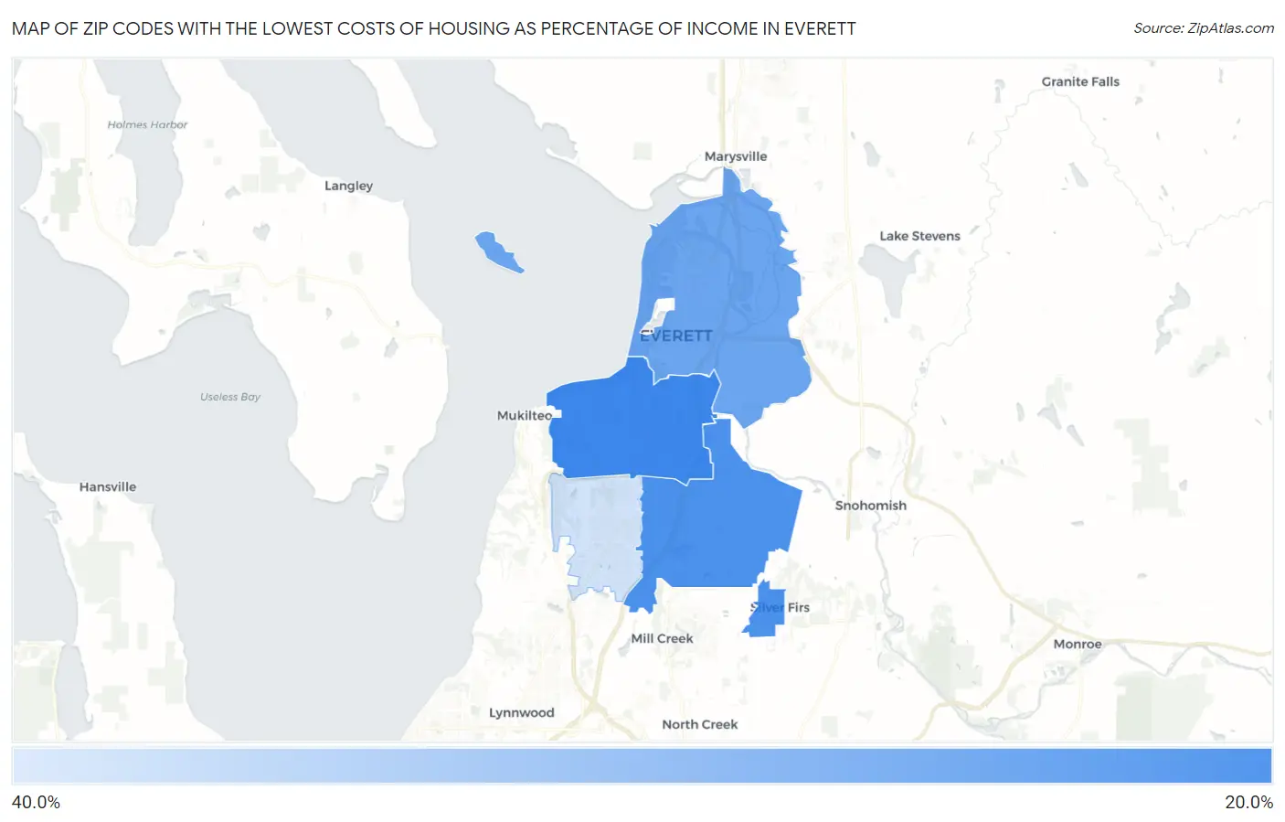 Zip Codes with the Lowest Costs of Housing as Percentage of Income in Everett Map